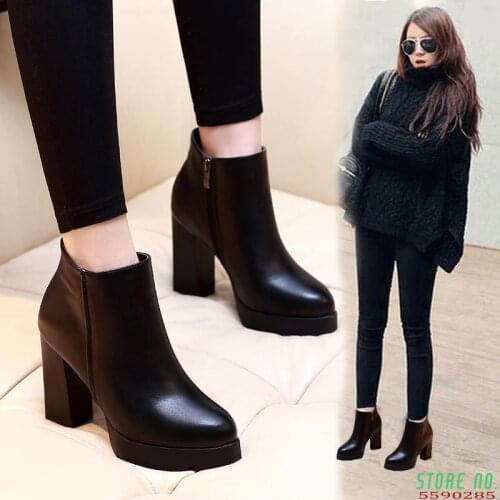 Dropshipping Women Ankle Boots 2020 Genuine Leather Martin Black High Heels Platform Sexy Ladies Shoes