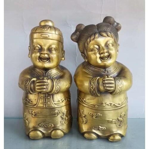 China brass Golden boy Jade girl crafts statue A pair
