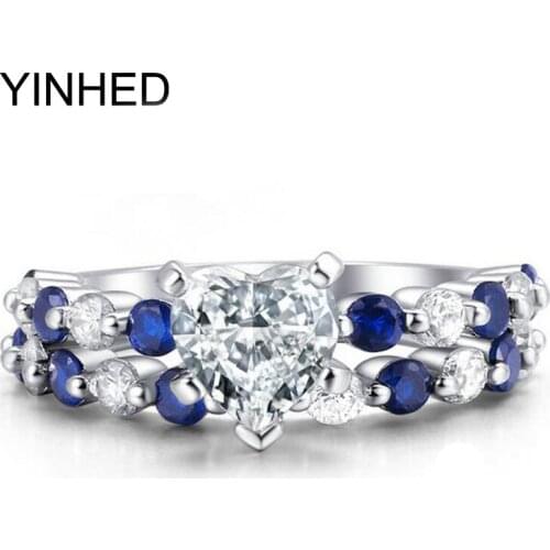 YINHED Original With 18KRGP Stamp Gold Filled Rings Sets Heart Diamant Bleu CZ Stones Engagement Wedding Jewelry for Women ZR634