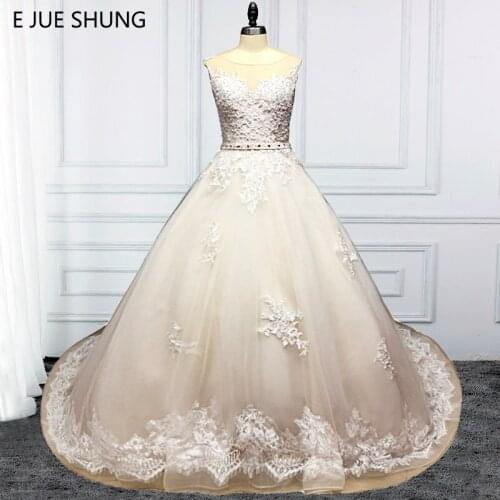 E JUE SHUNG Champagne Tulle Ivory Lace Appliques Ball Gown Wedding Dresses 2018 Sheer Back Beaded Wedding Gowns robe de mariee