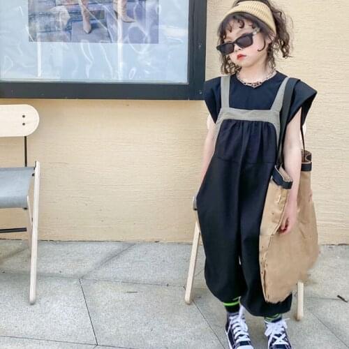 Summer Girls' Clothing Sets Korean Style Round Neck T-Shirt +One-Piece Overalls 2Pcs Baby Kids Clothes Suit Children Clothing