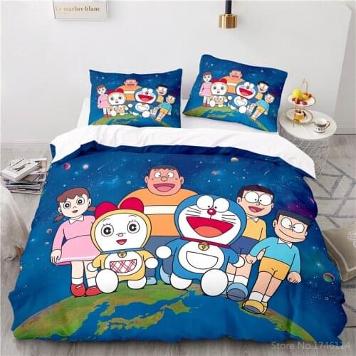 Cute Cartoon Doraemon Bedding Set Universe Planet Print Duvet Cover Set Comforter Cover Pillowcase Bedclothes for Home Bedroom