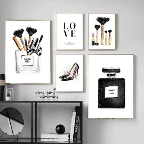 Makeup Fashion Poster Print Perfume Black High Heels Canvas Painting Trendy Artwork Picture Beauty Salon Girls Room Decoration