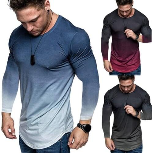 Summer Fashion Do Old Printing Men Gradient Color Long Sleeve Round Neck T-Shirt Slim Fit Top Plus Size 2XL