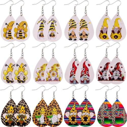 Latest Fashion Colorful Stripe Sunflower Yellow Bee Dwarf White Beard Flowers Leopard Print Christmas Leather Teardrop Earrings