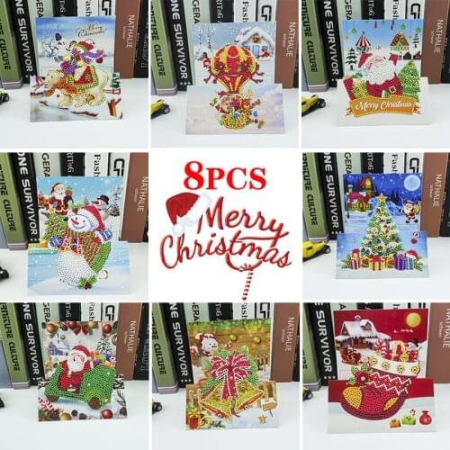 New Arrival 8pcs DIY Christmas Card Diamond Painting Rhinestones Santaclus Snowman Greeting Best Wish Card For Family Friends
