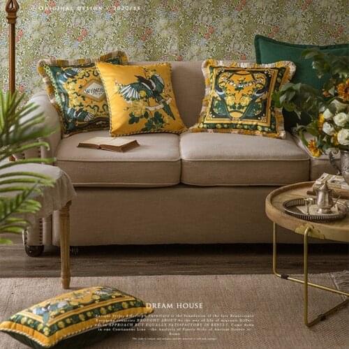 Luxury Farmhouse Decorative Throw Pillowcase Vintage Tassle Pillow Cover Cushion Case 45x45cm Gold (Wonder Flower Bird Print)