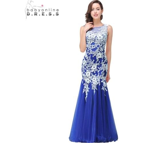 Robe de Soiree Longue Sexy Sheer Back Royal Blue Mermaid Lace Evening Dress Real Image Cheap Tulle Evening Dresses Long