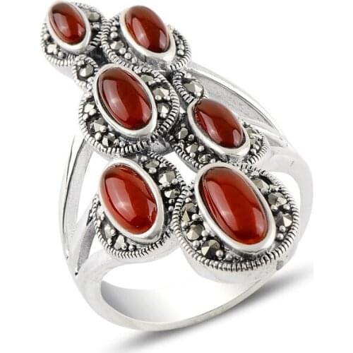Silver 925 Sterling Red Agate & Marcasite Ring