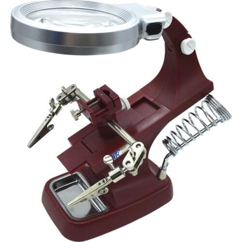 LED Illuminated Desktop Magnifier Helping Hand Auxiliary Clamp Alligator Clip Stand with 10 LED Magnifying Glass Third Hand