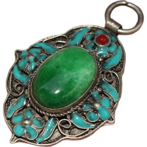 Tibet and Nepal folk Cloisonne inlaid with Turquoise jade Pendant