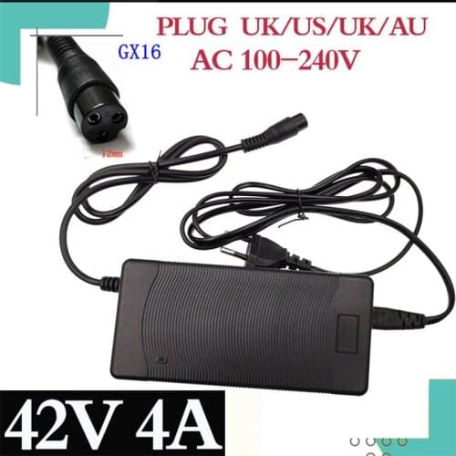 42V 4A electric bike lithium battery charger for 36v electric scooter 3-Prong Inline Connector 3P GX16 Plug