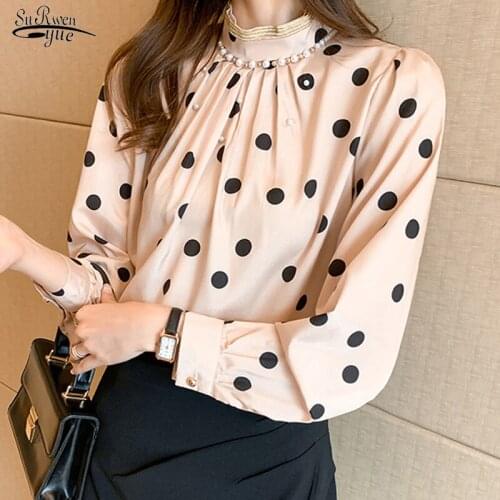 Spring New Elegant Beading Long Sleeve Blouse Women Pleated Slim Stand Collar Tops Polka Dot Print Chiffon Shirt Fashion 13095