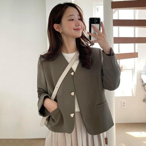 Korean Chic Autumn Simple V-neck Three Buttons Women Blazers Loose Long Sleeve Suit Coat Women Office Lady Elegant Ropa Mujer