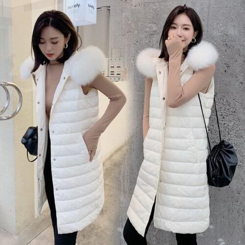 FNOCE womens down jackets 2020 winter new street fashion elegant solid sleevesless hooded fur collar slim women down vest coats