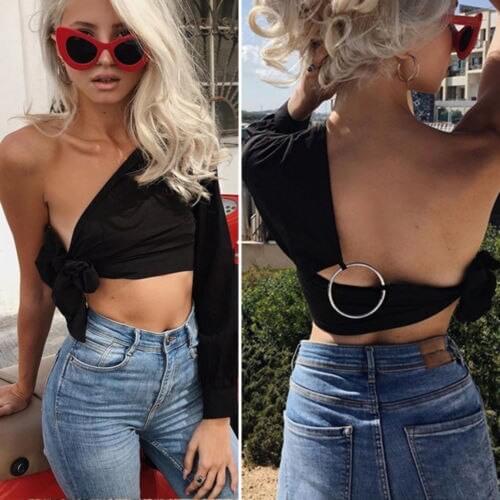 Women Ladies Unique One Shoulder Strappy Top Backless Blouse Crop Tops