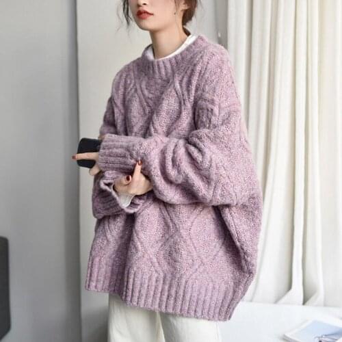 2021 Women Autumn Winter Twist Sweater Coat Jacket Vintage Round Collar Loose Knitted Pullover Jumpers