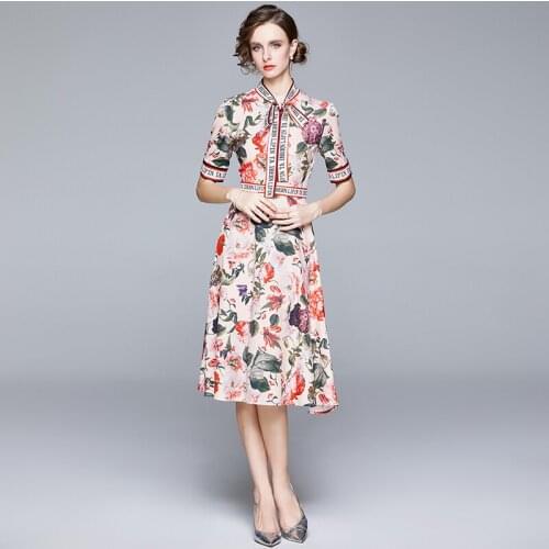 New 2021 Fashion Designer Runway Summer Dress Womens Letter Bow Tie Collar Short Sleeve Vintage Floral Printed Midi Dress k1336