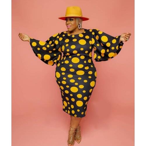 4XL 5XL Plus Size Dress Women 2021 Summer Flare Sleeve Polka Dot Print Casual Dresses Slim Bodycon Maxi Long Dresses