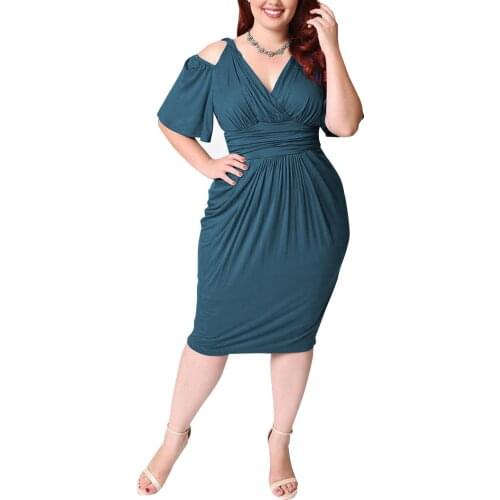 2021 Summer Sexy Dress For Fat Female Vintage Plus Size Dress 4XL 5XL Women Blue Deep V Neck Hollow Out Tight Slim Midi Dress