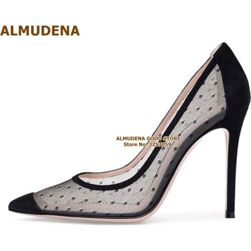 ALMUDENA Women Black Beige Lace Mesh High Heel Pumps Polka Dots Patchwork Wedding Shoes Thin High Heel Dress Pumps Dropship Shoe