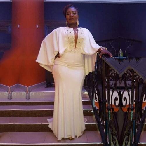 Arabic Evening Dresses 2020 O Neck Beaded Cape Sleeves Prom Gown White Mermaid Formal Arabic Dubai Party Dress Plus Size