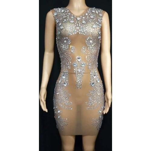 Shining Rhinestones Perspective Mesh Sleeveless Short Dress Women Birthday Celebrate Crystal Dresses Evening Party Singer DT1778