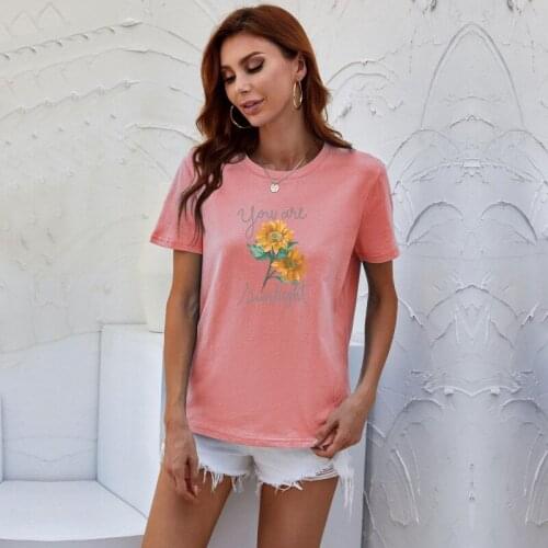 New Casual Summer Cotton T Shirt Women Print Flower Short Sleeve Lady Tops Tshirt Ladies Female Tee T-Shirt