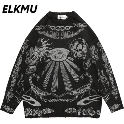 ELKMU Mens Sweaters Pullovers Streetwear Skull Pattern Sweater Knitted Loose Autumn Oversized Knitwear Jumper Male HM598