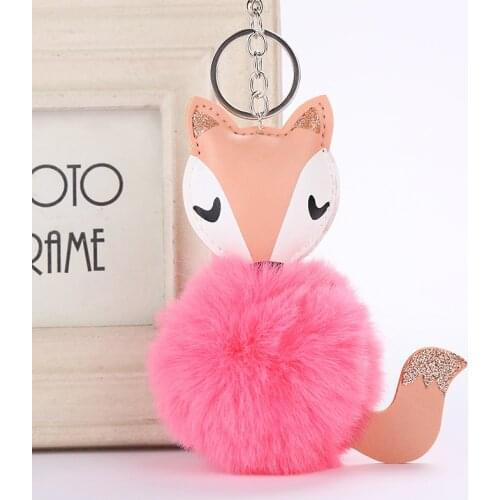 Soft Pompom Fox Keychain Artificial Rabbit Fur Ball Fluffy Leather Key Ring Women Bag Pendant Christmas Gift Accessories