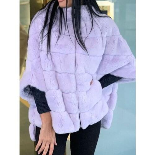 Real rex rabbit fur coat jacket with collar with batwing sleeve furry winter warm half sleeve 2020 plus size casual loosely zip