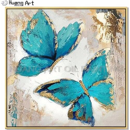 Newest Hand-painted Blue and Gold Winged Butterfly Oil Painting on Canvas for Decor Modern Abstract Knife Animals Wall Painting