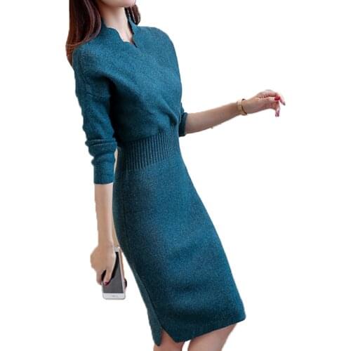Autumn Winter New Korean Sweater Women In The Long Knitting Pullover Blue Dress Slim Shirt Knee Fashion