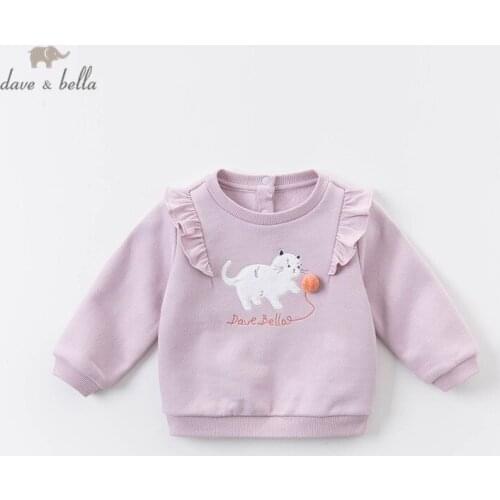 DBW14744 dave bella autumn baby girls cartoon ruched letter T-shirt children tops girls cute button kids fashion tees