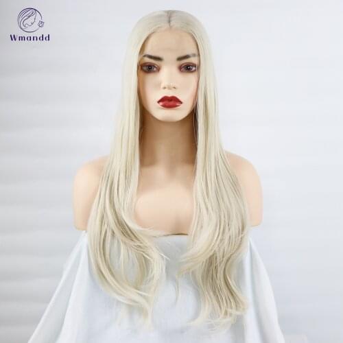 Wmandd 24 Inches Long Natural Wavy Platinum Blonde Synthetic Wigs Middle Part Cosplay Party Wigs For Women Heat Resistant Fiber