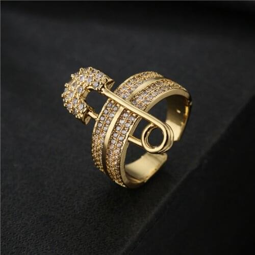 Luxury AAA+ Cubic Zircon Paper Clip Charm Wedding Ring For Women 2021 Fashion Gold Color Open Ring Adjustable Size Wholesale