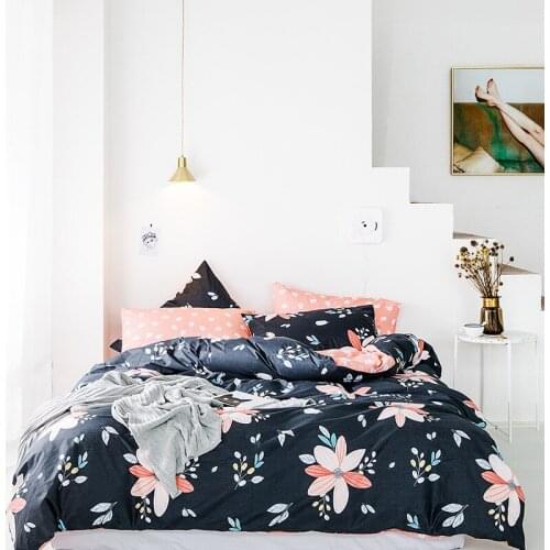 Navy Blue and Peach Flower Print Summer Duvet Cover Set 100% Cotton Bed Set with Flat Sheet Comforter Cover Pillowcases