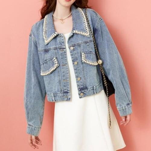 Heavy Industry Beaded Denim Short Jacket Femme Korean Loose Denim Jeans Bomber Jacket Coat Women Plus Size Casual Pearl Overcoat