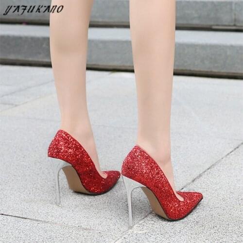 11cm Sexy Nightclub Catwalk Single Shoes Fashion Metal Heel Women Pumps Pointed Toe Stiletto High Heels Shiny Bling Wedding Shoe