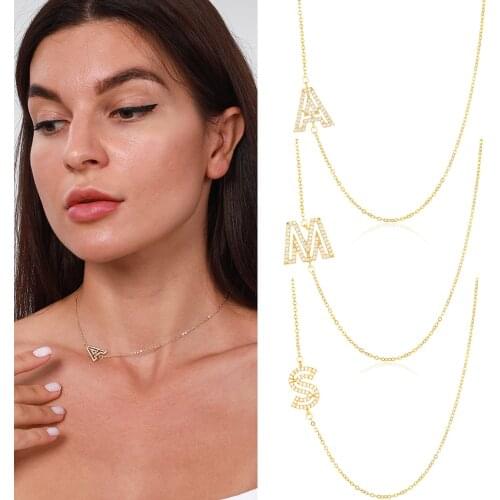 Personalized Sideways Initial Necklace Gold Color Capital Original CZ Letter Necklace For Women INS Unusual Collar Jewelry