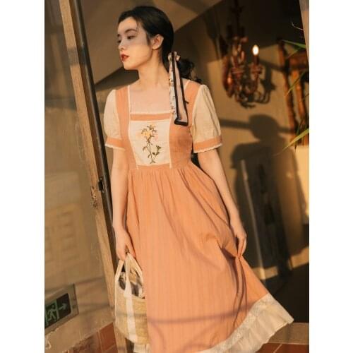 2021 New Summer Women French Romantic Long Dress Square Collar Patchwork Vintage Dress Classical Floral Embroidery Ruffles Dress