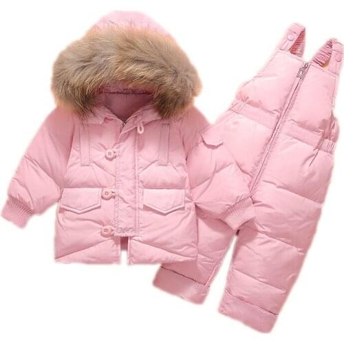 Girls Snowsuit Winter Overalls for Boy Children Warm Dcuk Down Jackets Toddler Outerwear Baby Suits Coat + Pant Kids Clothes Set