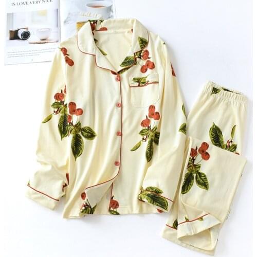 100% knit cotton Fresh pajama sets women Autumn Winter long sleeve casual two piece pajamas pyjamas women sleepwear