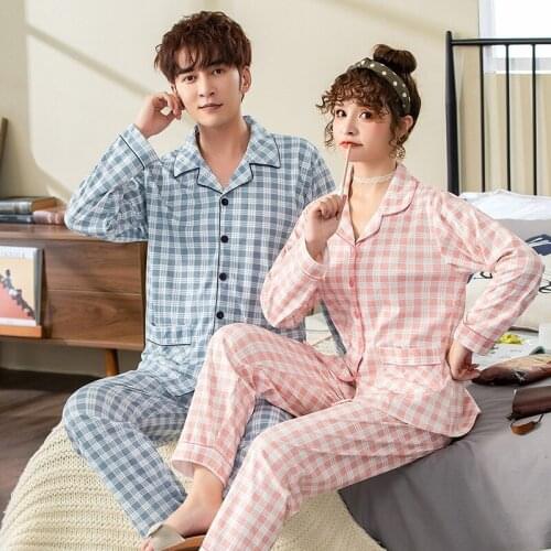 2020 Autumn Winter Long Sleeve Couple Cotton Pajama Sets for Women Casual Plaid Sleepwear Homewear Pijama Mujer Men Home Clothes
