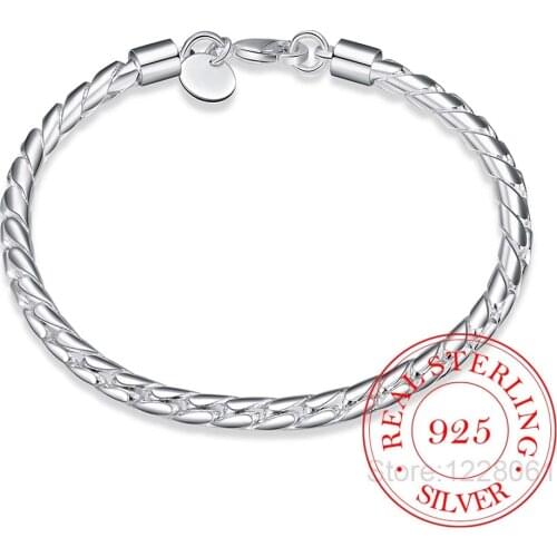 Mens Fine Jewelry 925 Sterling Silver 4mm Twisted chains 20cm bracelet bangle Pulseiras de Prata For Female gift