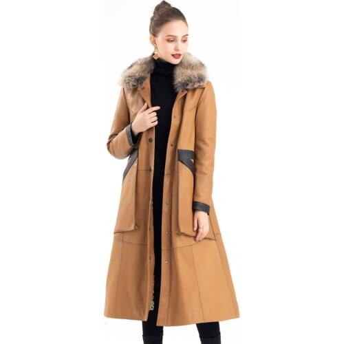 Fashion Genuine Sheepskin Leather Jacket 90% White Duck Down Coat Female Autumn Raccoon Fur Collar Womens Coats Casaco Zjt1309