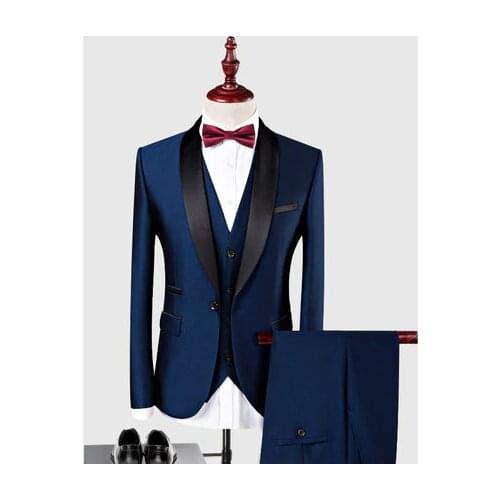 New Arrival Customized Shawl Black Lapel Groom Tuxedos Wedding Best Man Blazer 3 Pieces (Jacket+Pants+Vest) Royal Blue Men Suit