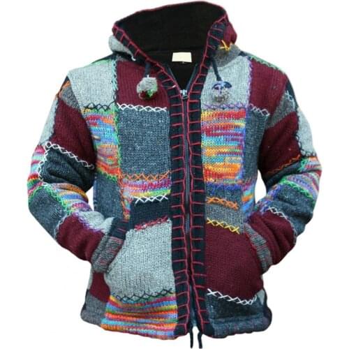 2021 New Fashion Men Casual Long Sleeve Ethnic Color Block Pocket Cardigan Hooded Coat Outwear Mens Clothing for Autumn Winter