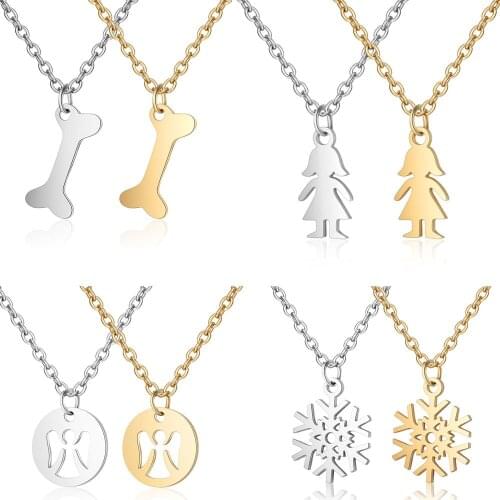 2019 Titanium Stainless Steel Assorted Dog Bone Little Girl Angle Snowflake Wing Feather Pendant Chain Necklace Women Men Gifts