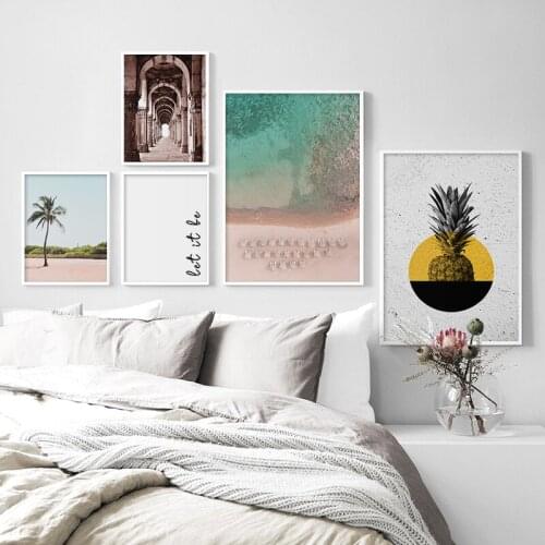 Landscape Canvas Poster Nordic Style Beach Building Palm Pineapple Quote Wall Art Print Painting Picture Scandinavian Home Decor